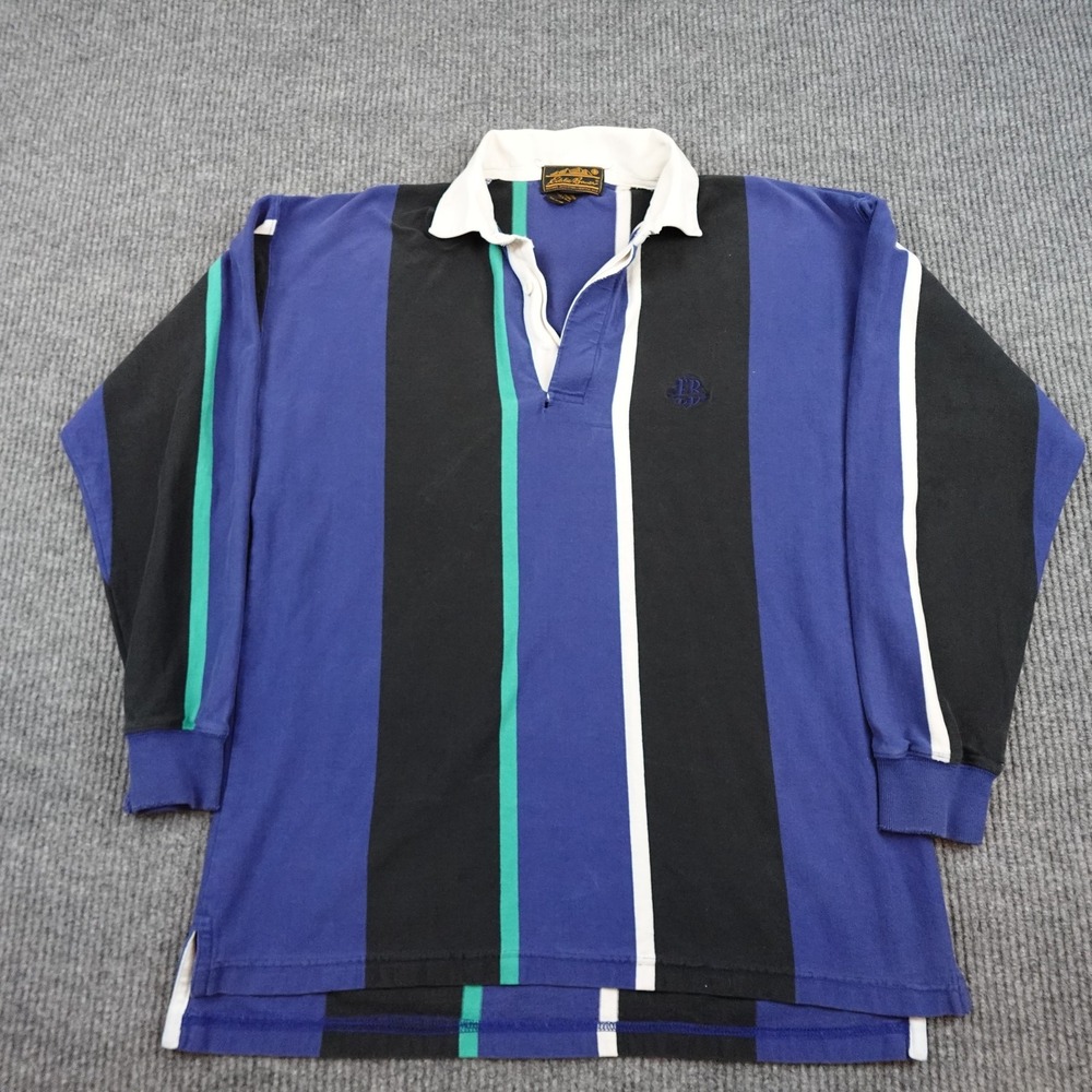 Vintage Eddie Bauer Rugby Shirt Mens Large Blue Black Stripe Long Sleeve Polo